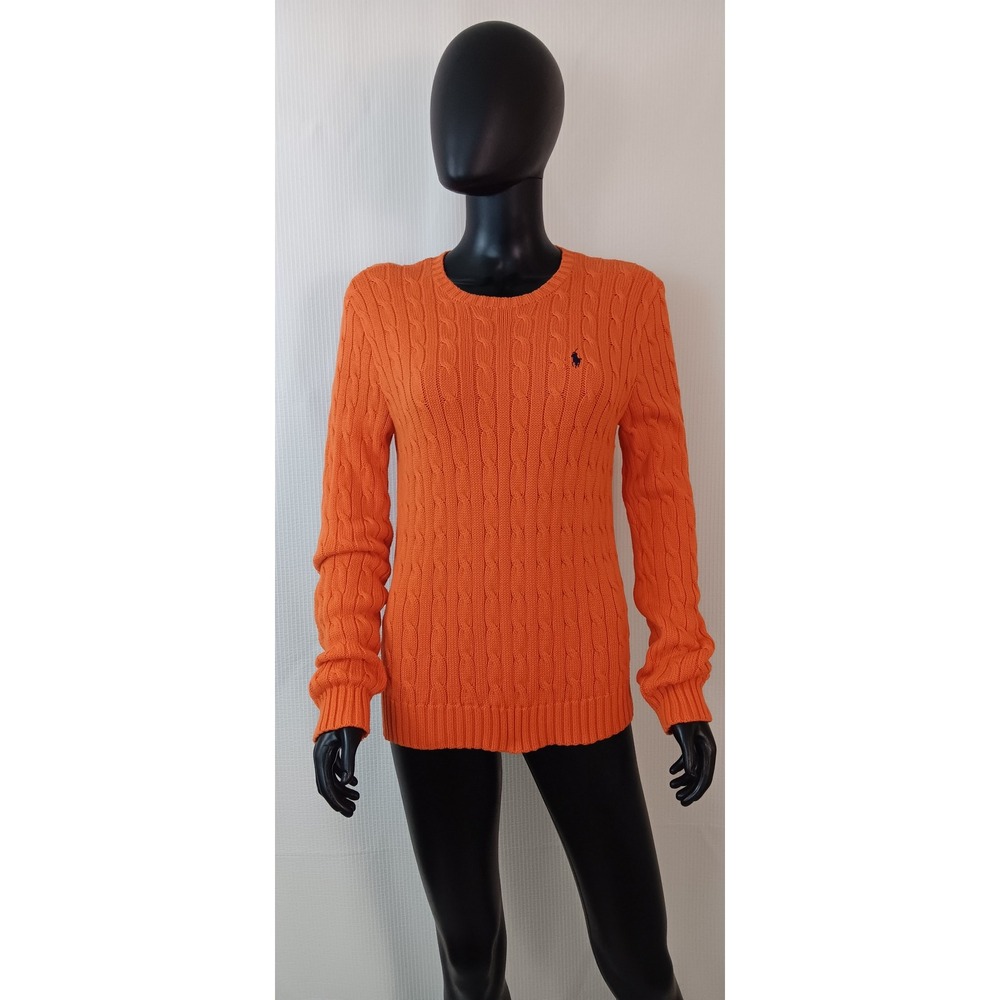 Ralph Lauren Womens Large Orange Cable Knit Cotton Crewneck Sweater Pony Logo
